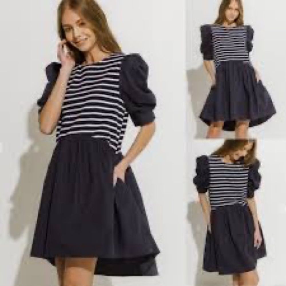 English Factory Navy and White Striped High Low Dress